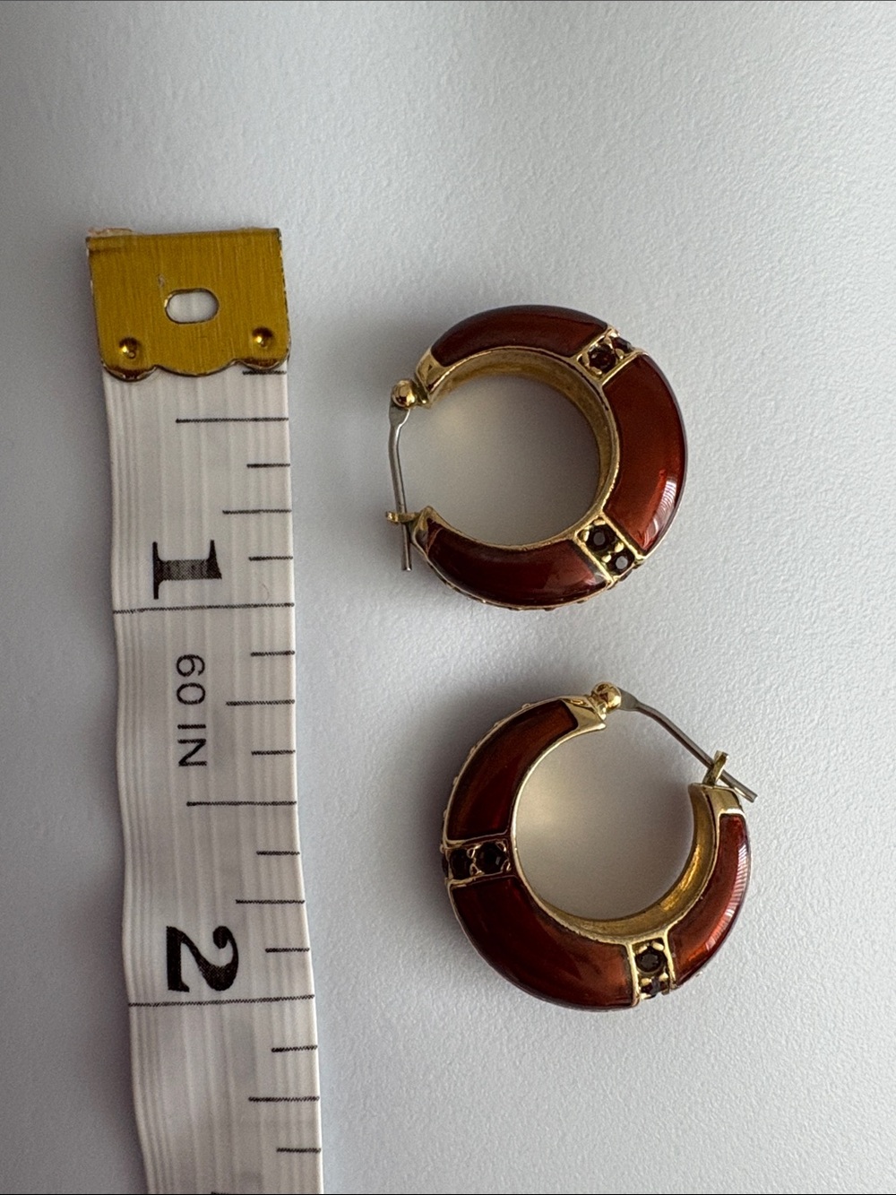 Vintage Enamel Earrings with Dark Ruby color Stones and Gold Finish - Picture 8 of 10